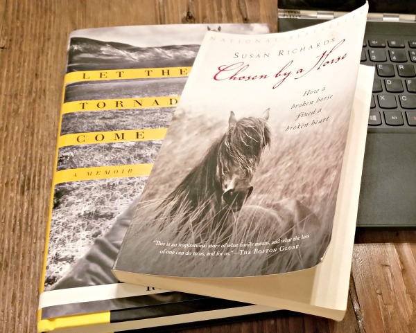 horse books Chosen by a Horse and Let the Tornado Come next to a computer; equestrian lifestyle