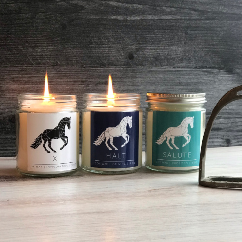 three soy candles with horses on them equestrian candles